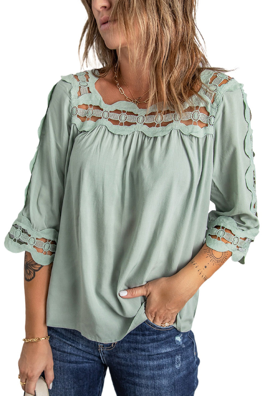 Chic Green Crochet Trim Hollow-out Blouse