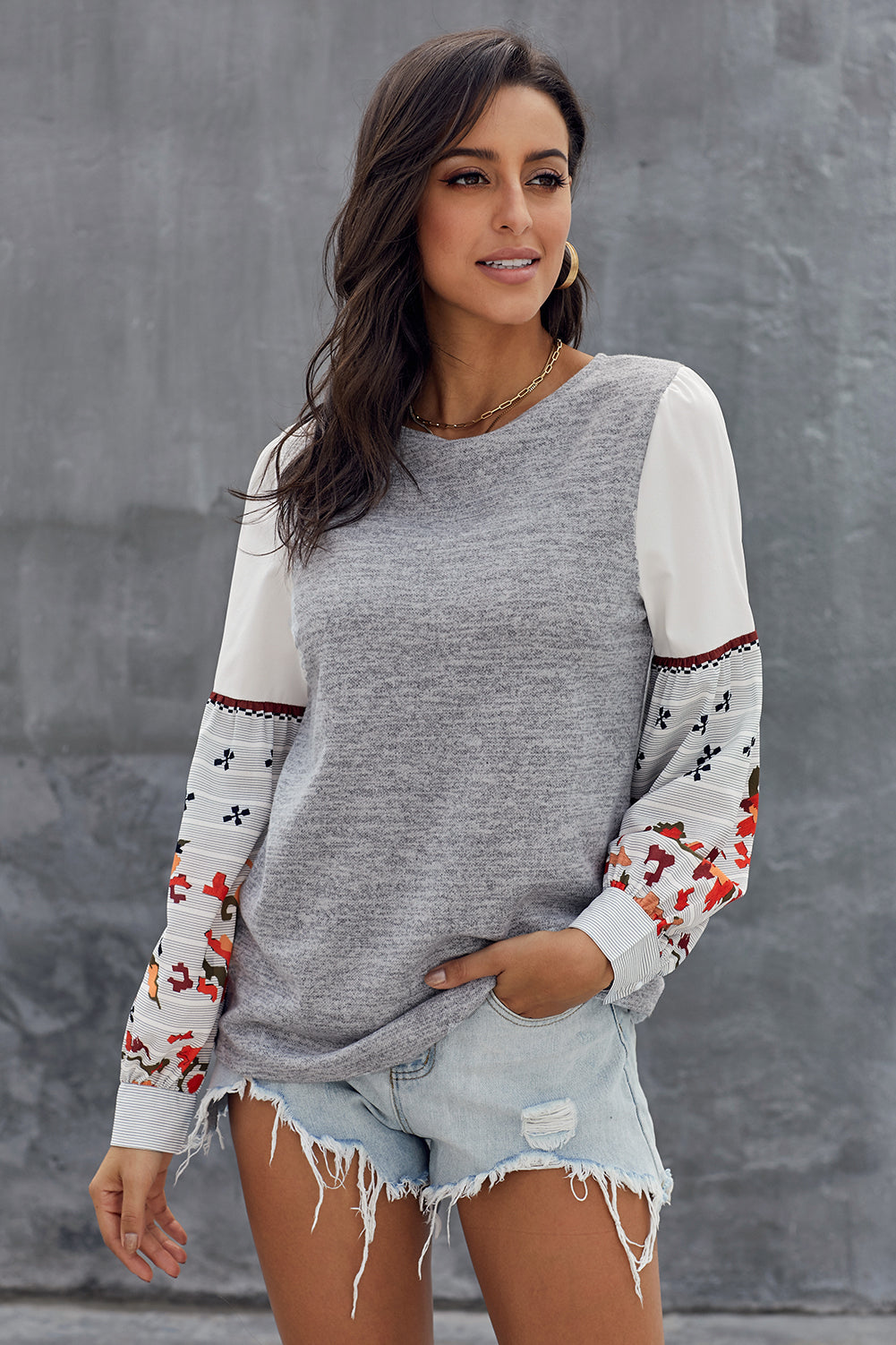 Chic Khaki Contrast Printed Sleeve Knit Sweatshirt