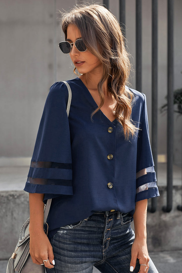 Chic Navy Blue Flare Sleeve V Neck Button Up Blouse