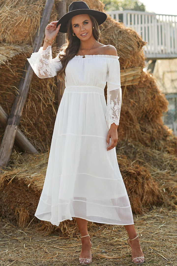 Chic Off Shoulder Embroidered Flared Sleeve White Lace Maxi Dress