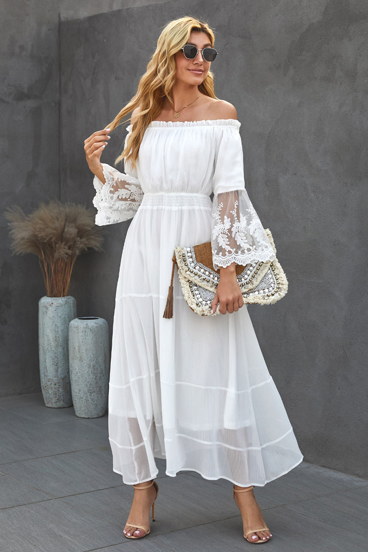 Chic Off Shoulder Embroidered Flared Sleeve White Lace Maxi Dress
