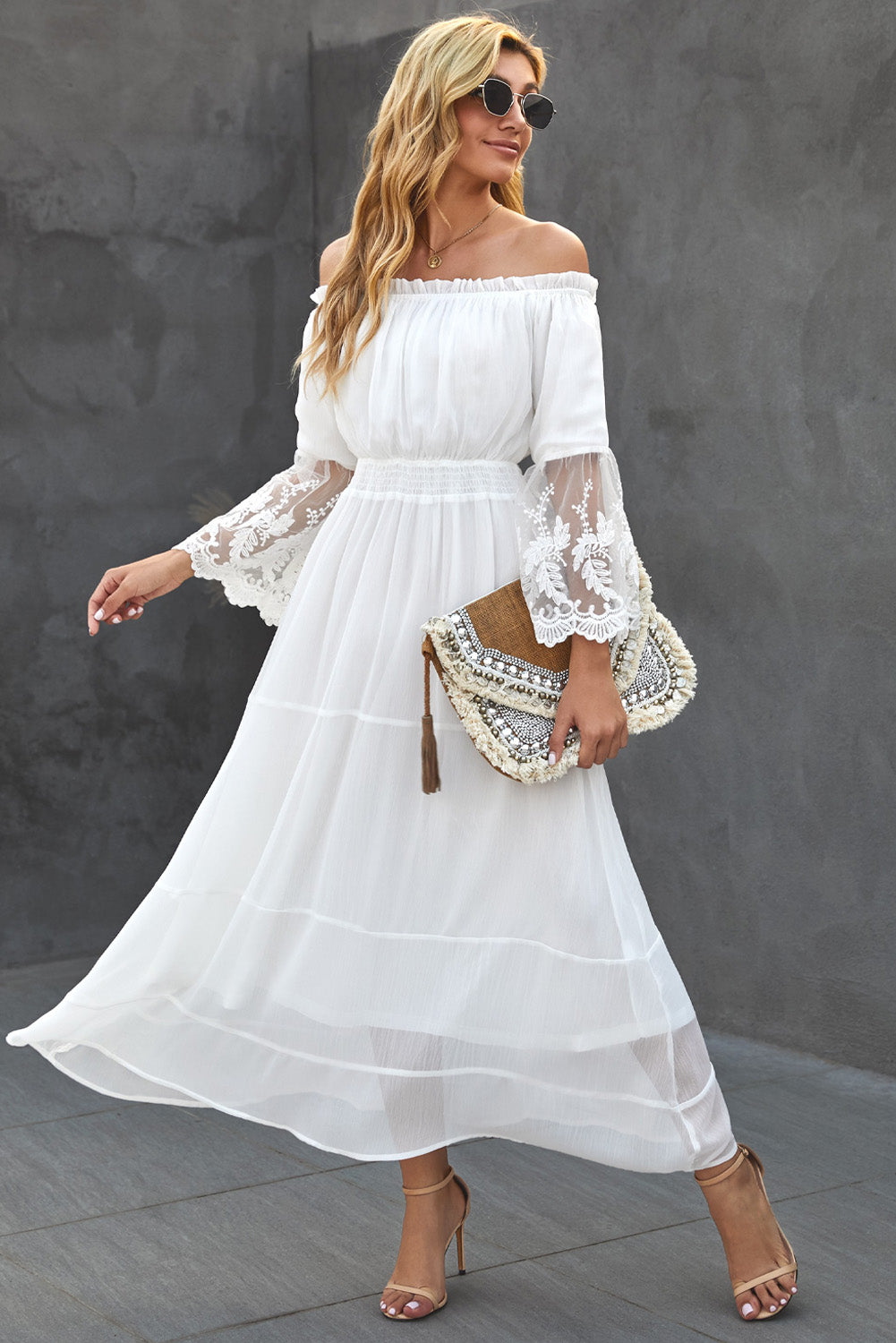 Chic Off Shoulder Embroidered Flared Sleeve White Lace Maxi Dress ...