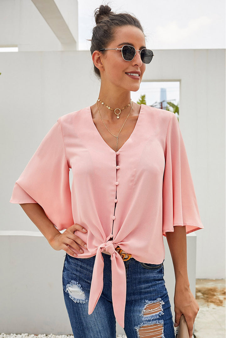 Chic Pink Button Tie Loose Blouse Top