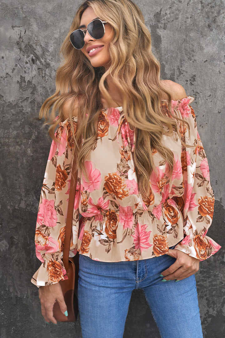 Chic Pink Floral Print Off the Shoulder Long Sleeve Blouse