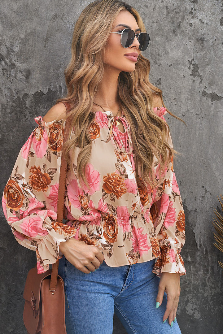 Chic Pink Floral Print Off the Shoulder Long Sleeve Blouse