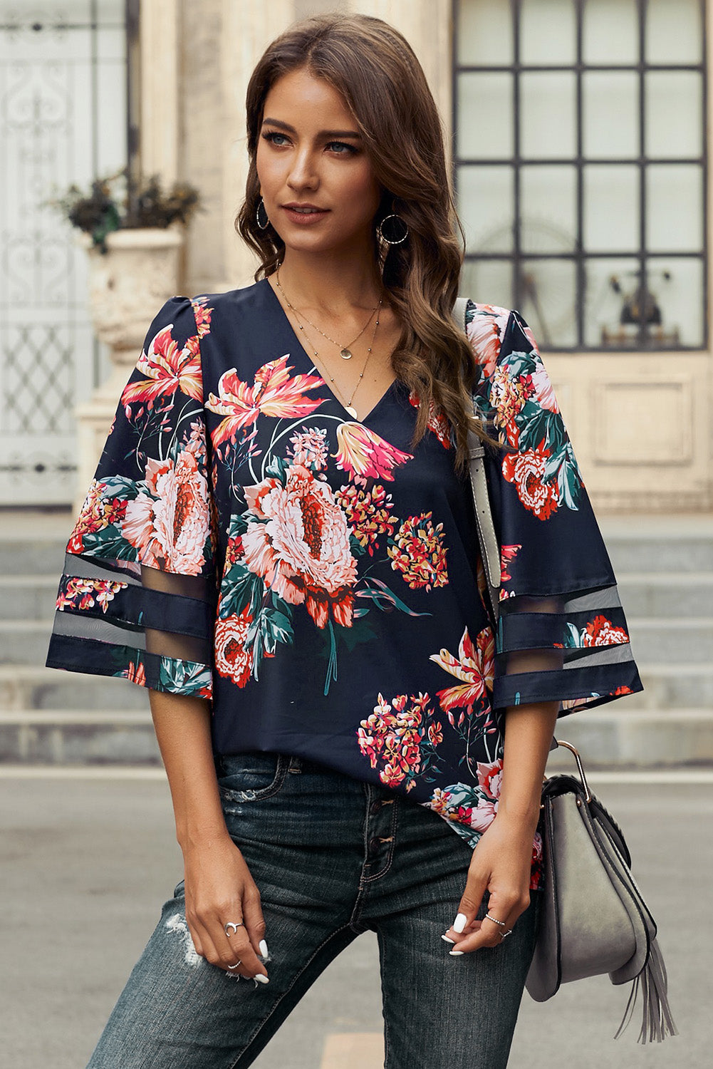 Chic Red 3/4 Flared Sleeve Floral Chiffon Blouse
