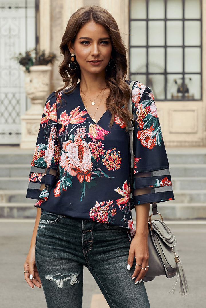 Chic Red 3/4 Flared Sleeve Floral Chiffon Blouse