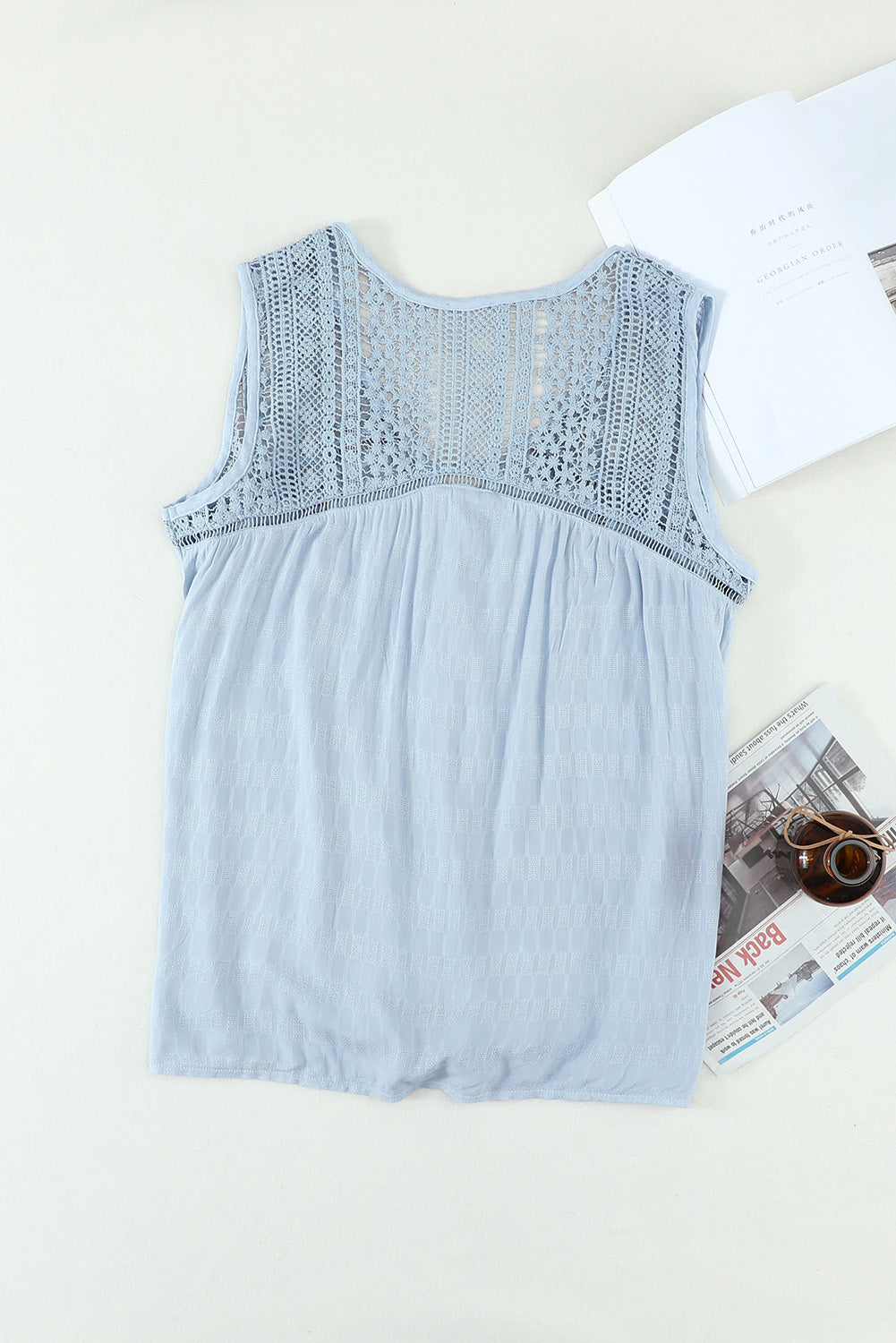 Chic Sky Blue Lace Tie Front Button V Neck Tank Top