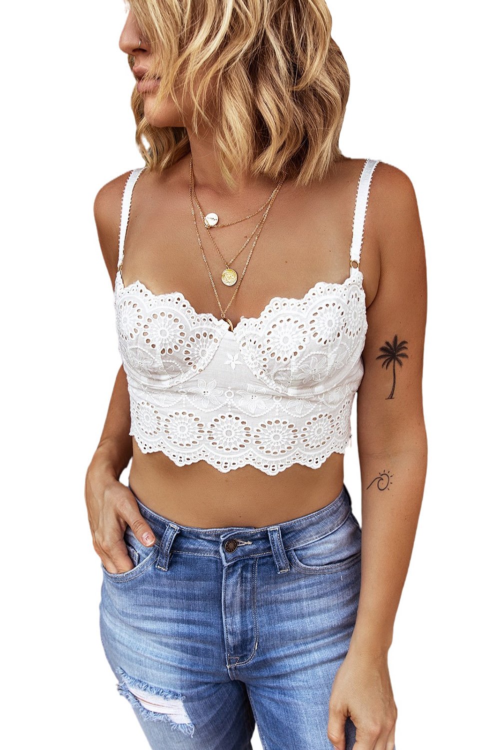 Chic White Adjustable Hollow Out Lace Bralette