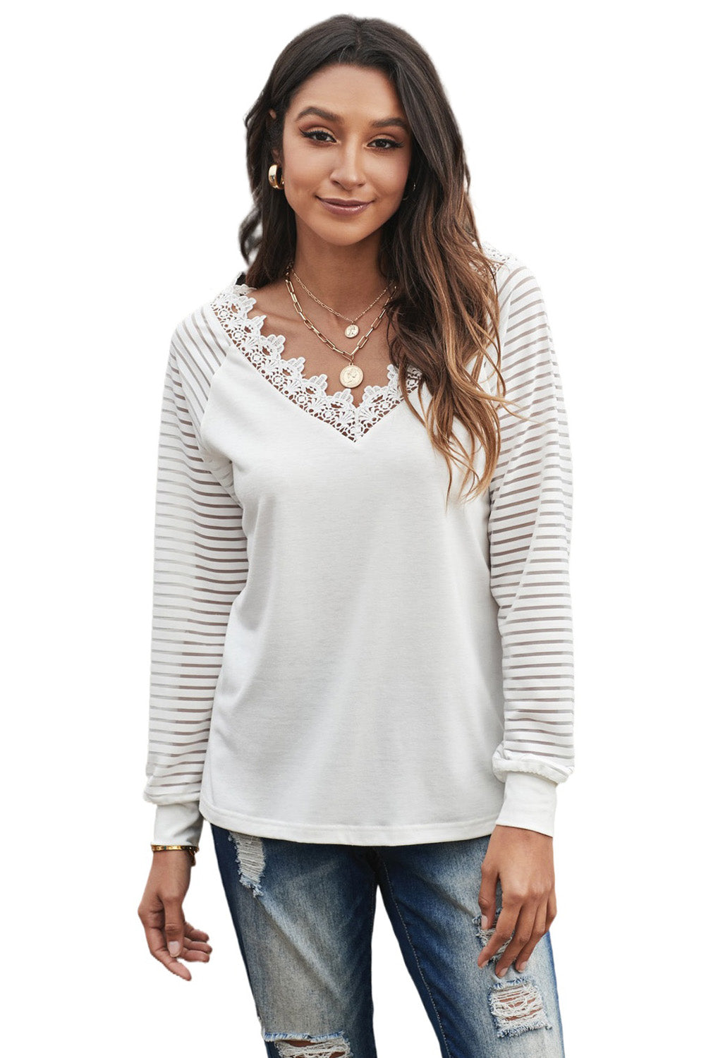 Chic White Deep V-neck Lace Stripe Long Sleeve Top