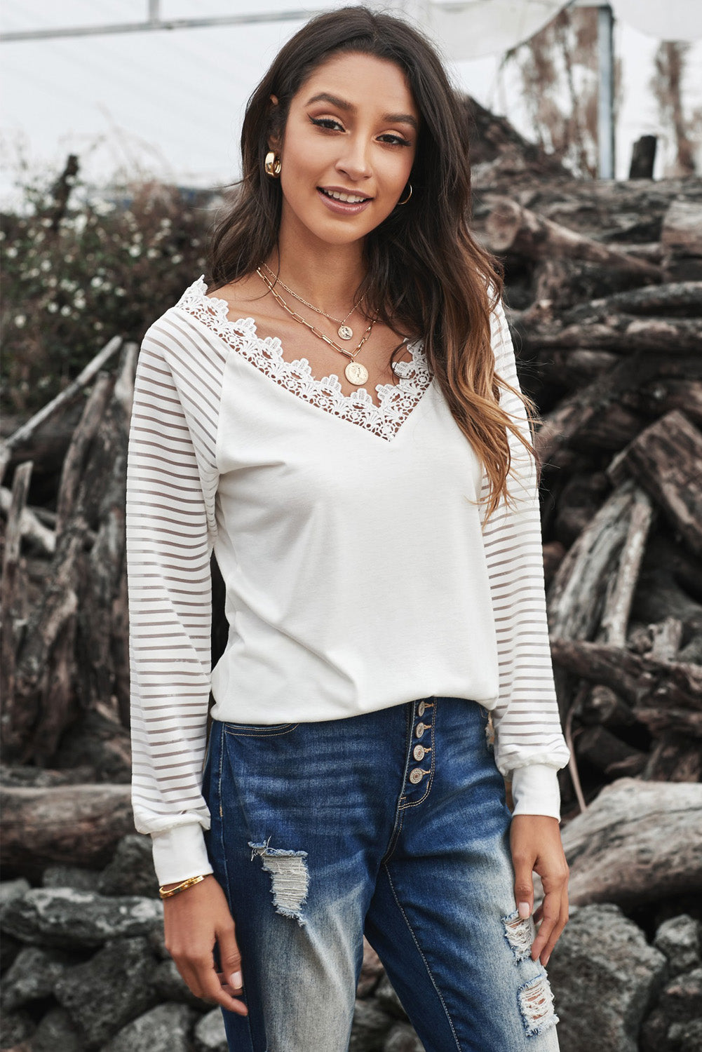 Chic White Deep V-neck Lace Stripe Long Sleeve Top