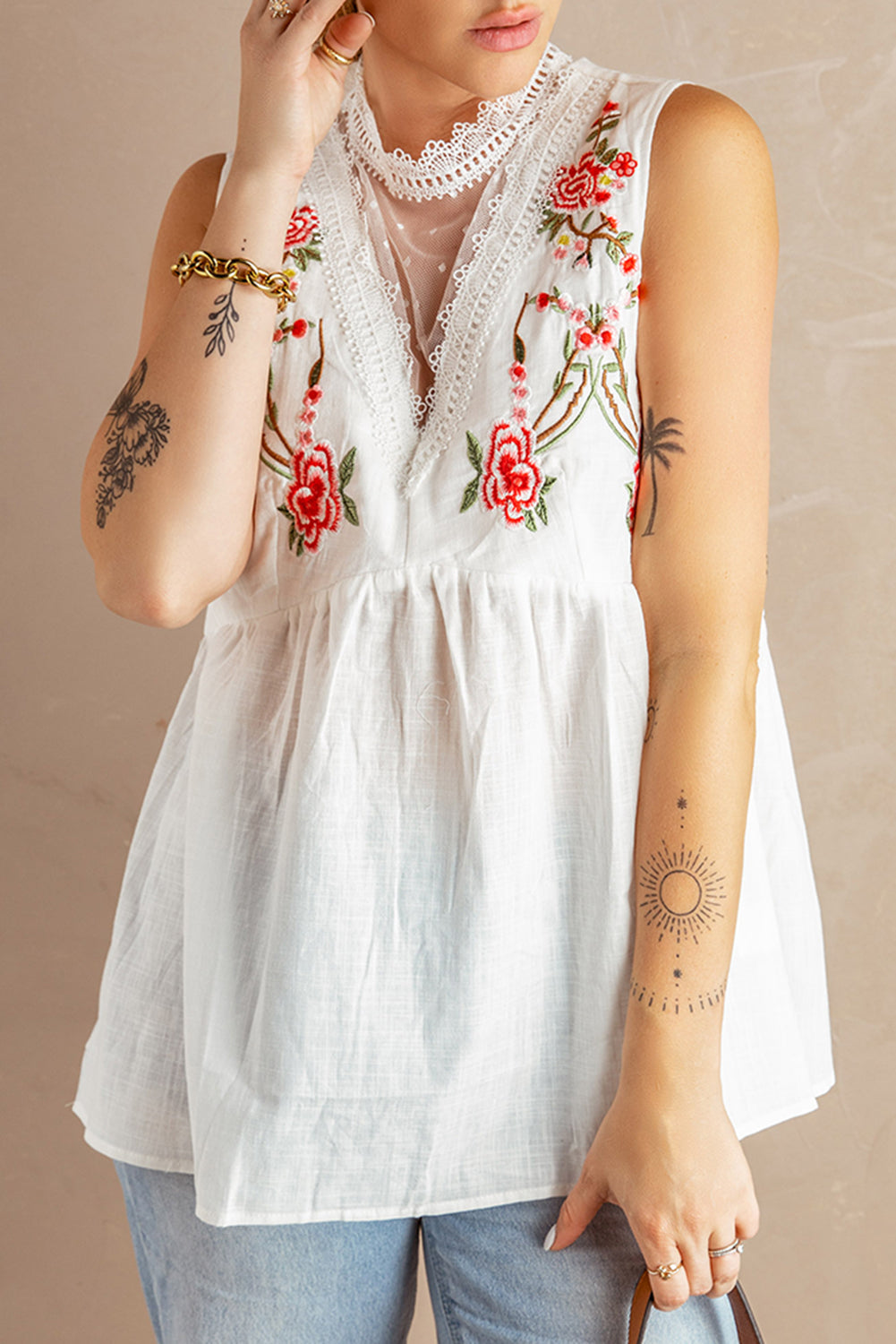 Chic White Embroidered Crochet Babydoll Tank