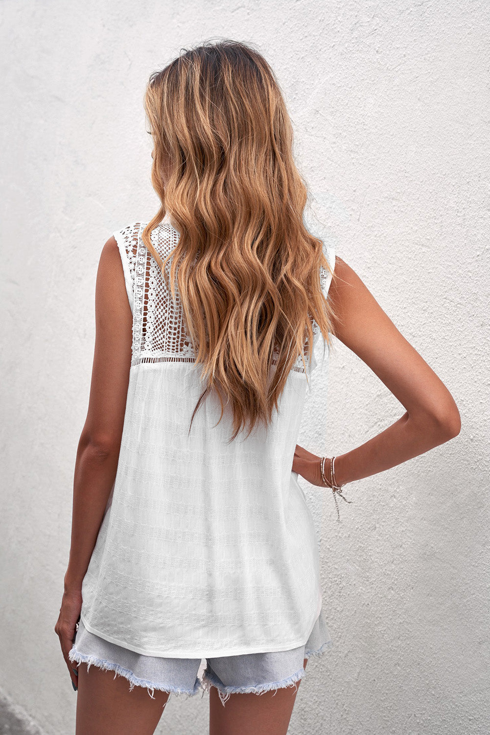 Chic White Lace Tie Front Button Summer Tank Top