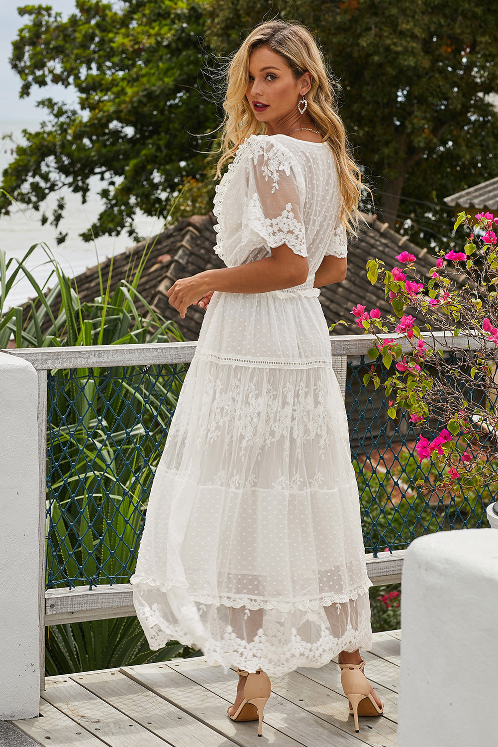 Chic White Short Sleeve V Neck Luminous Dawn Lace Boho Maxi Dress