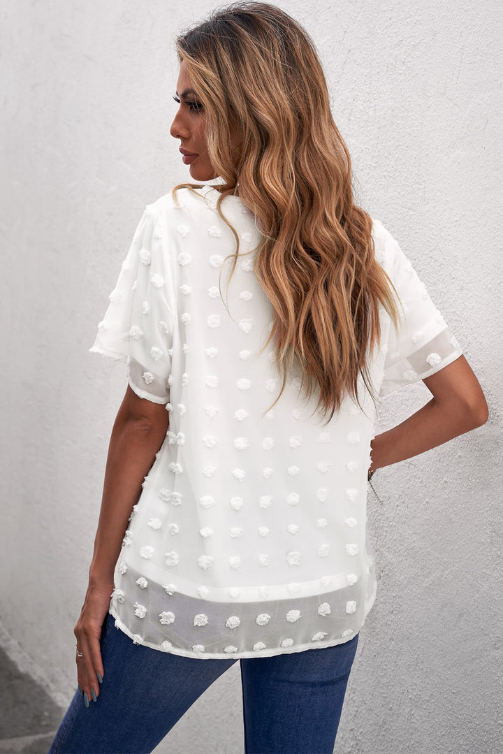 Chic White Swiss Dot Texture Round Neck Short Sleeve Top