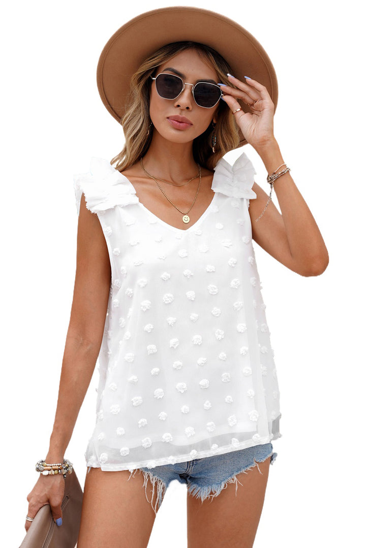 Chic White Swiss Dot Woven Sleeveless Top With Ruffled Straps