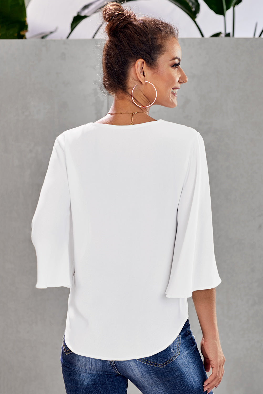 Chic White V Neck Flare Sleeve Button Tie Blouse Top