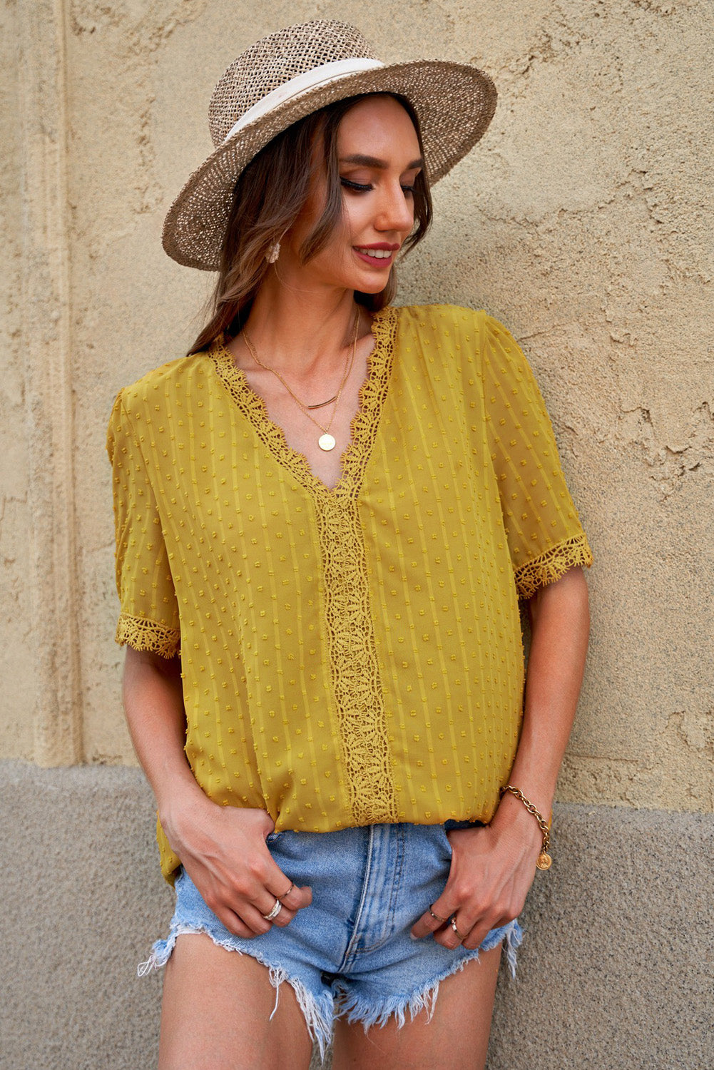 Chic Yellow Lace Splicing V-Neck Swiss Dot Short Sleeve Blouse