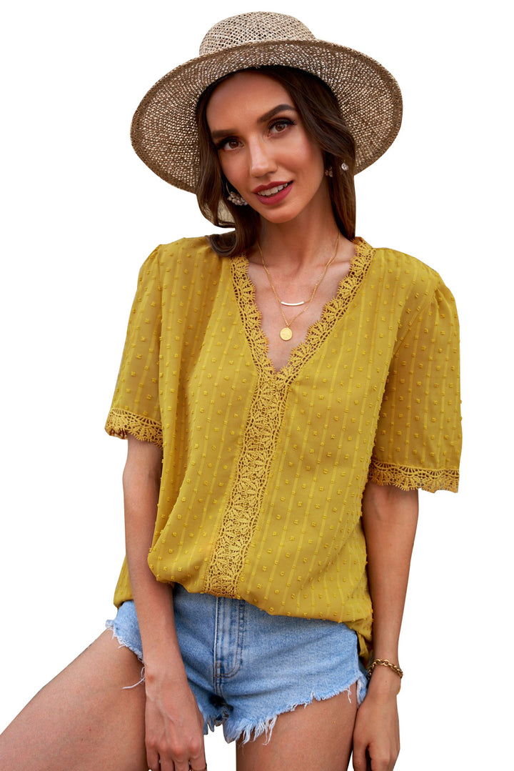 Chic Yellow Lace Splicing V-Neck Swiss Dot Short Sleeve Blouse