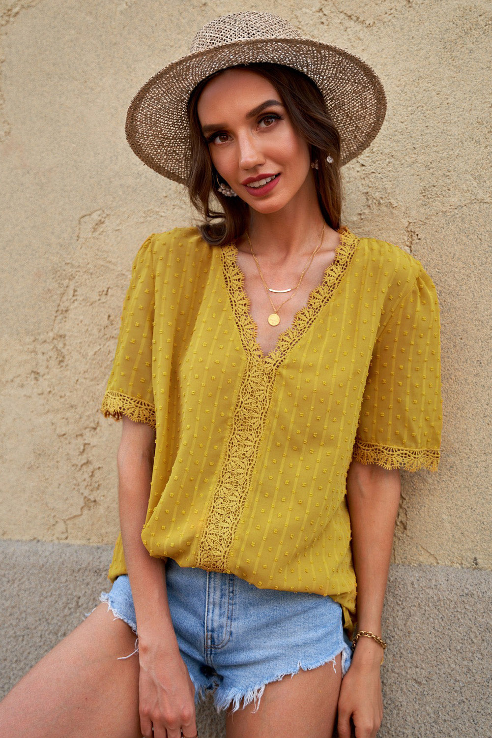 Chic Yellow Lace Splicing V-Neck Swiss Dot Short Sleeve Blouse