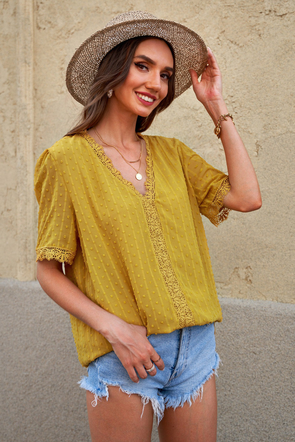 Chic Yellow Lace Splicing V-Neck Swiss Dot Short Sleeve Blouse