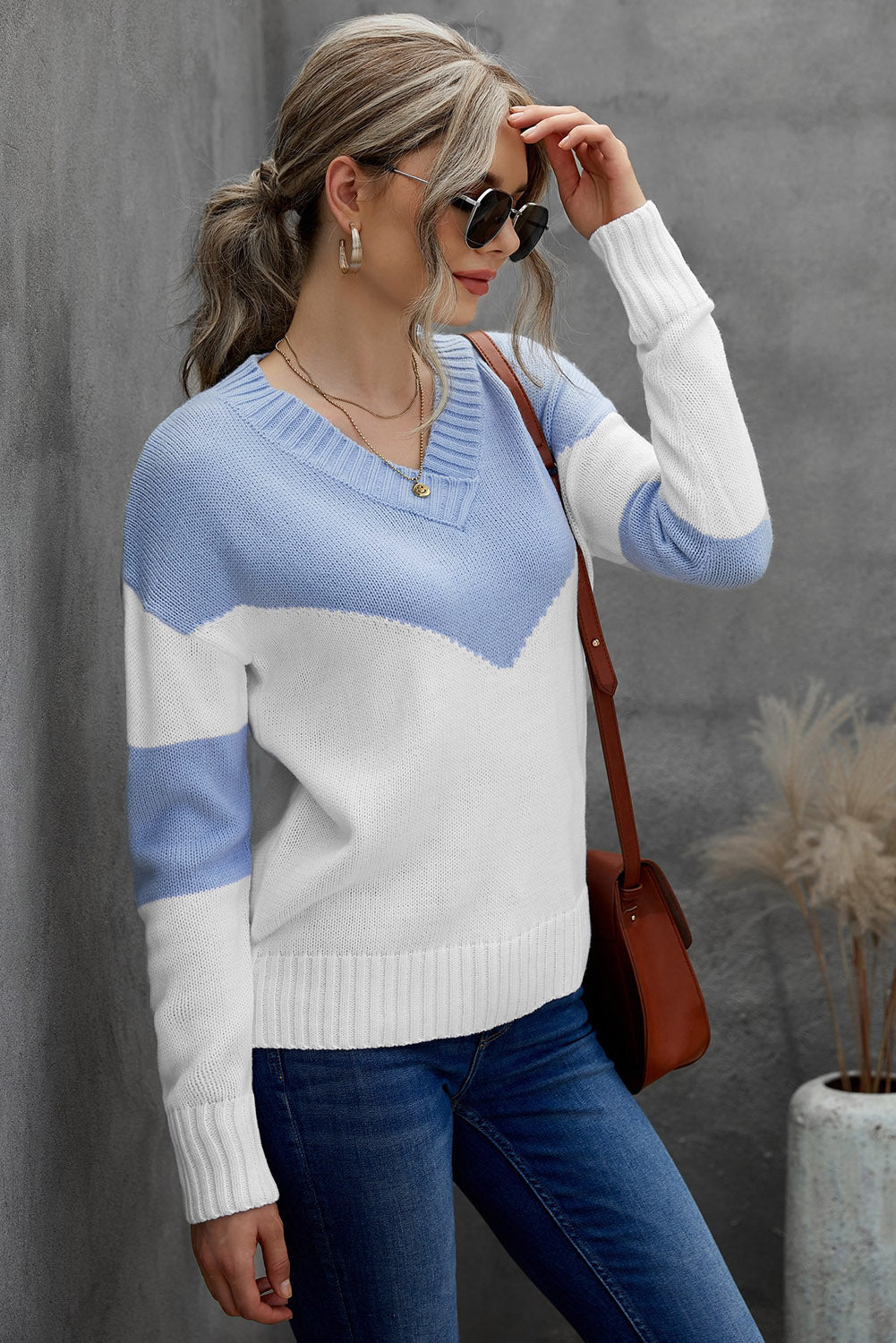 Chunky Colorblock V Neck Casual Sweater