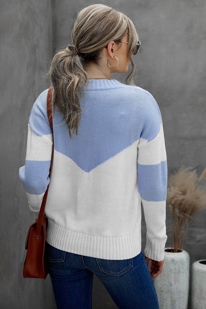 Chunky Colorblock V Neck Casual Sweater