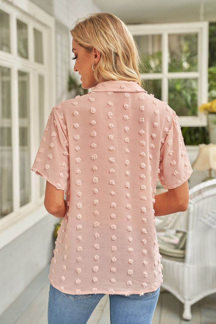 Classic Khaki Buttoned Swiss Dot Turn-down Collar Short Sleeve Shirt