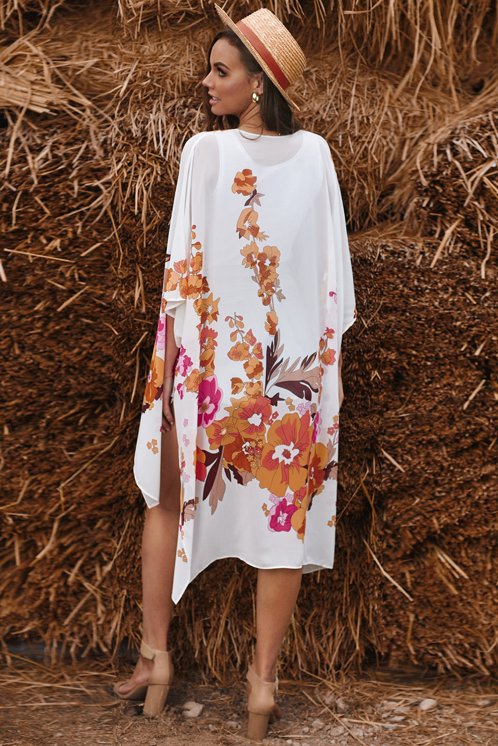 Classic Kimono Sleeve Floral Print Graceful Cardigan