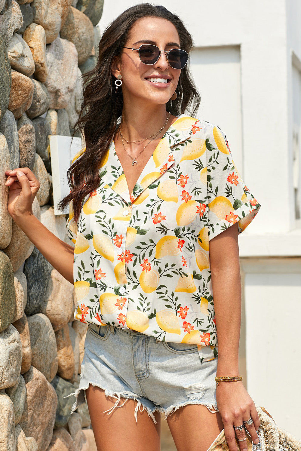 Classic Yellow Printed Short Sleeve Button Front Shirt