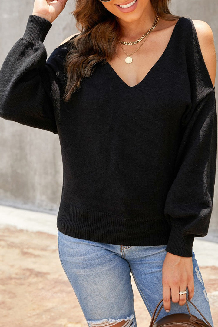 Comfy Black V Neck Twisted Back Cold Shoulder Sweater