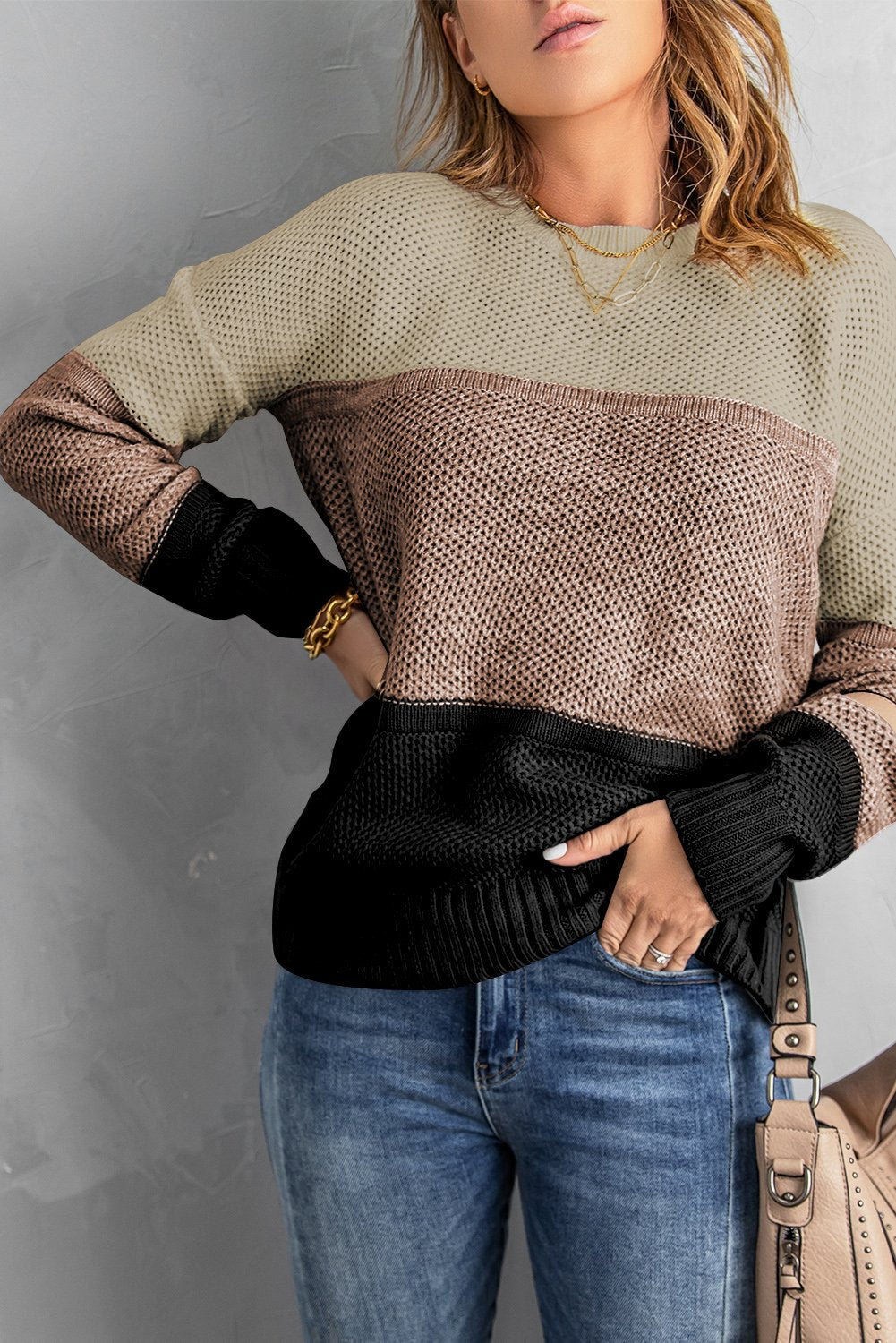 Comfy Khaki Color Block Netted Texture Pullover Sweater