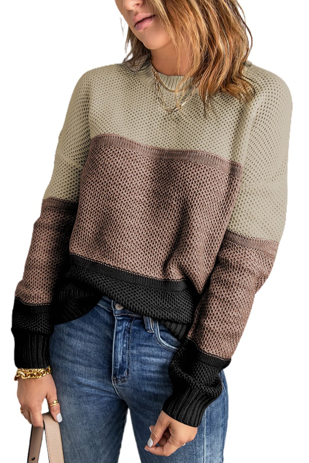 Comfy Khaki Color Block Netted Texture Pullover Sweater