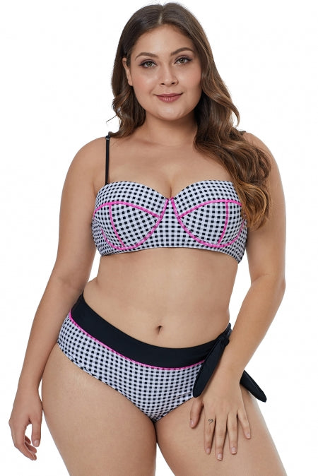 Contrast Piping Tartan Printed Pattern Plus Size Bikini Set
