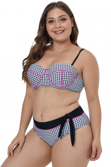 Contrast Piping Tartan Printed Pattern Plus Size Bikini Set