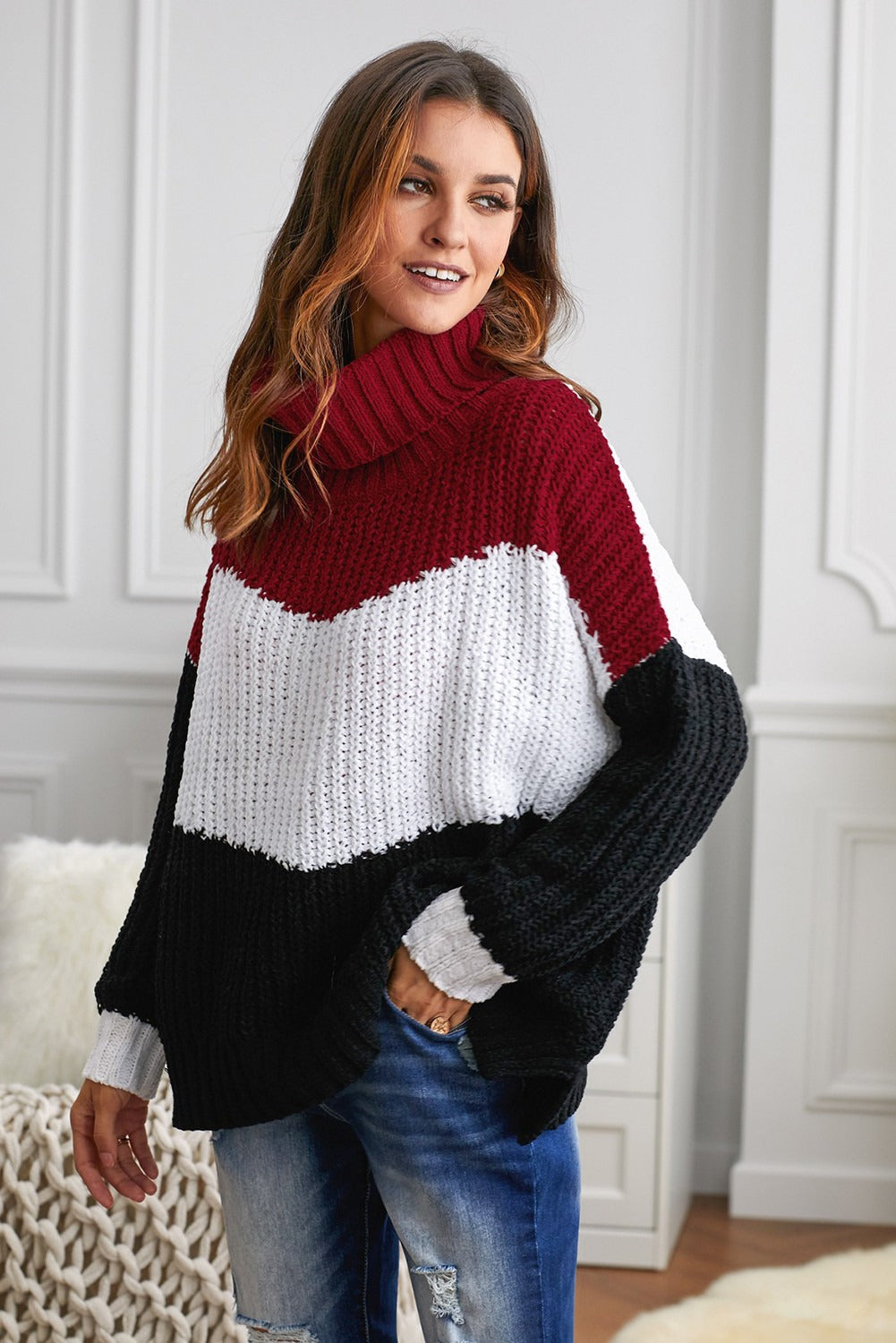 Cowl Neck Black Red Colorblock Cable Knit Sweater