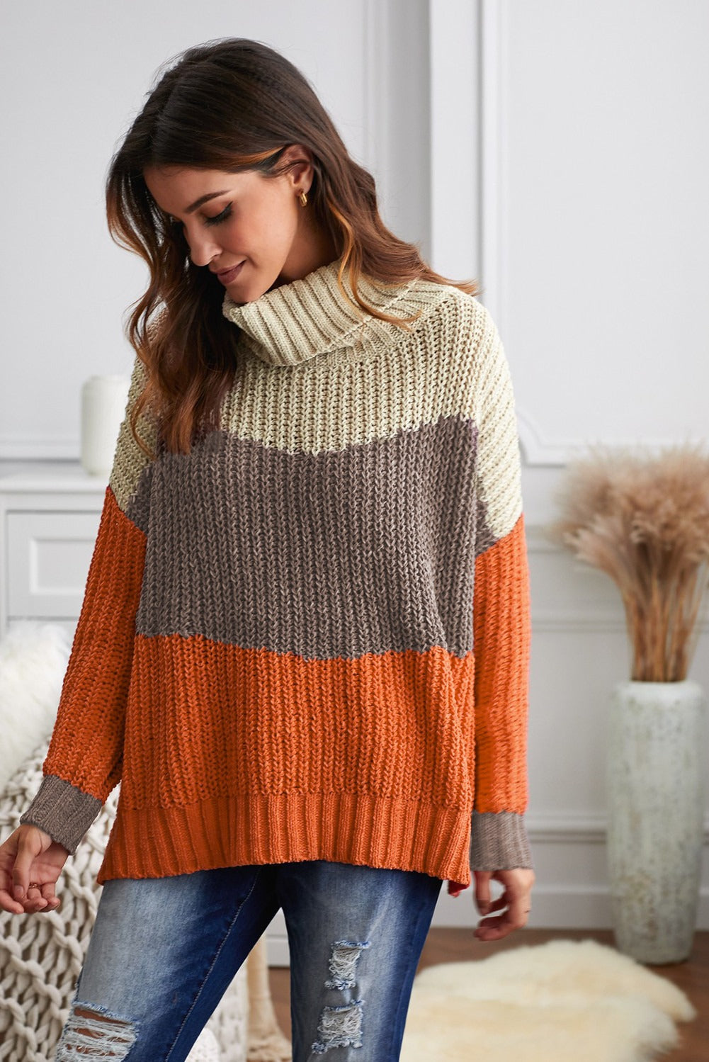 Cowl Neck Orange Colorblock Cable Knit Sweater