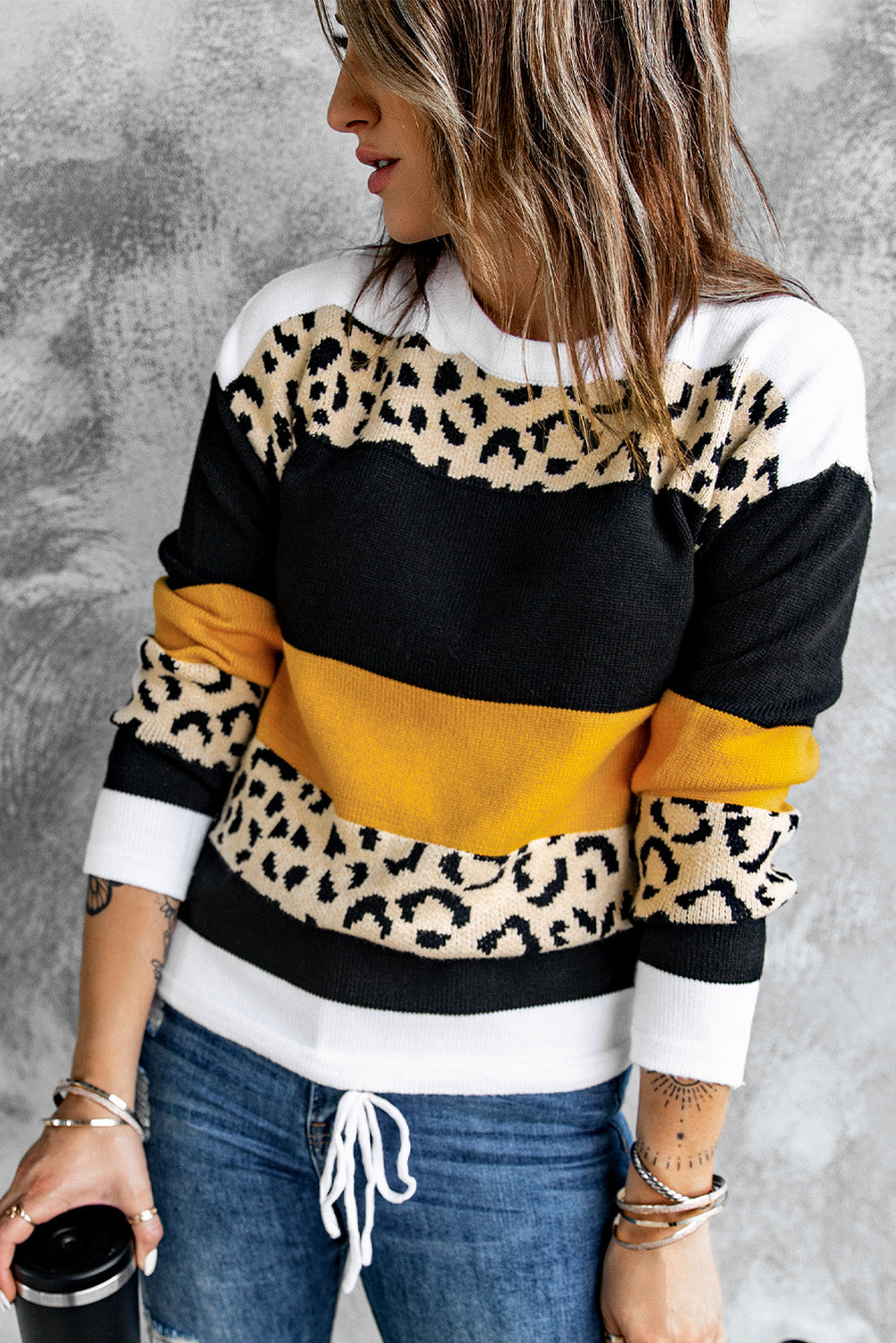 New Orange Crewneck Leopard Color Block Knit Pullover Sweater