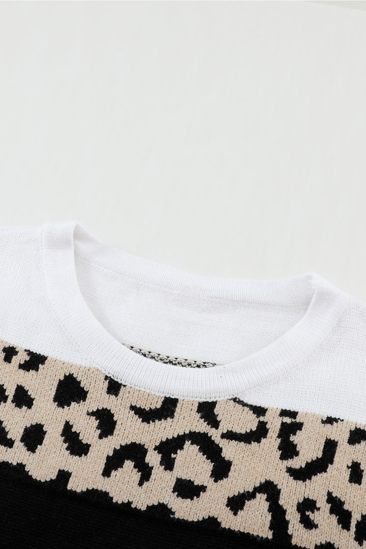 New Orange Crewneck Leopard Color Block Knit Pullover Sweater