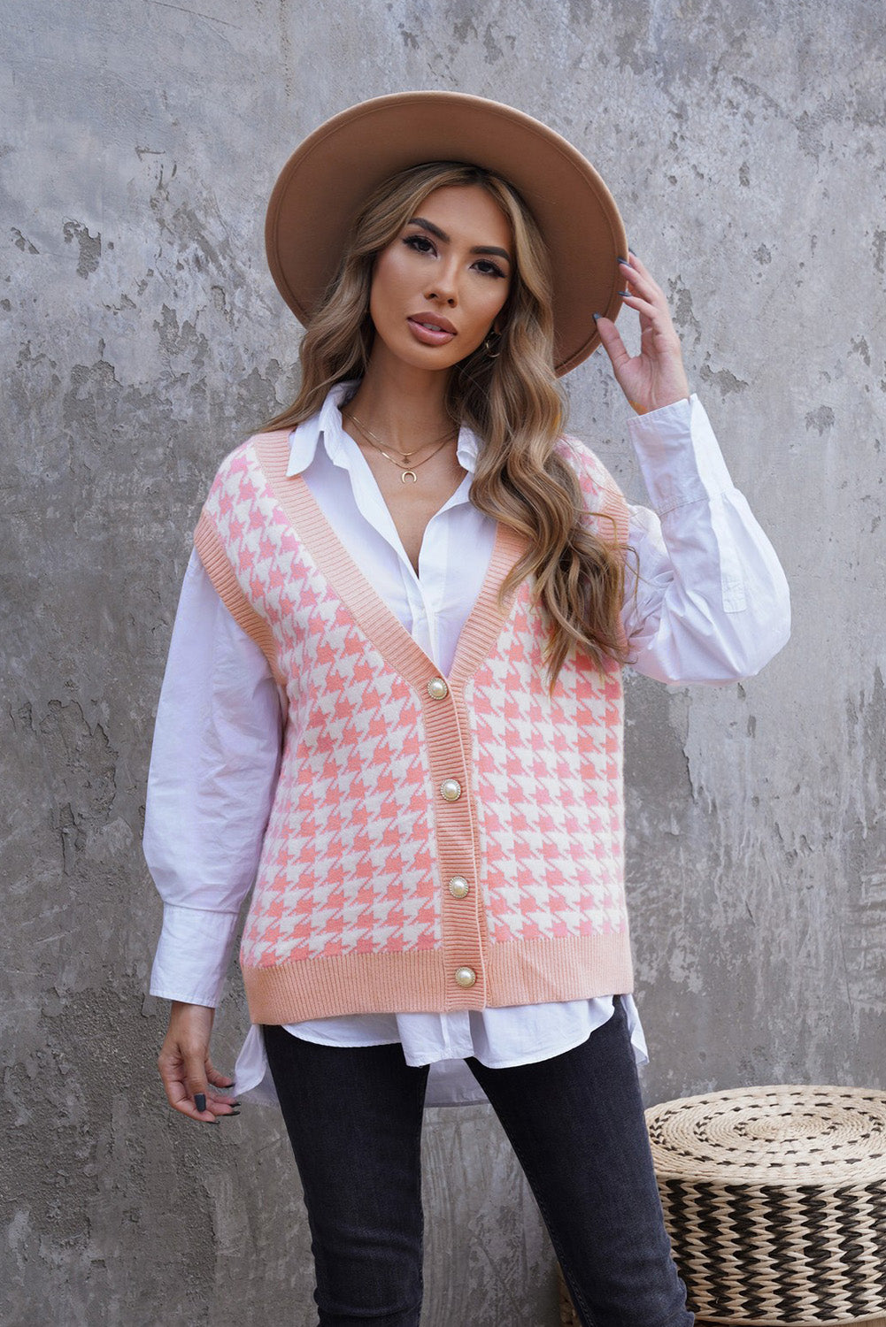 Cute Fall Houndstooth Vest Cardigan