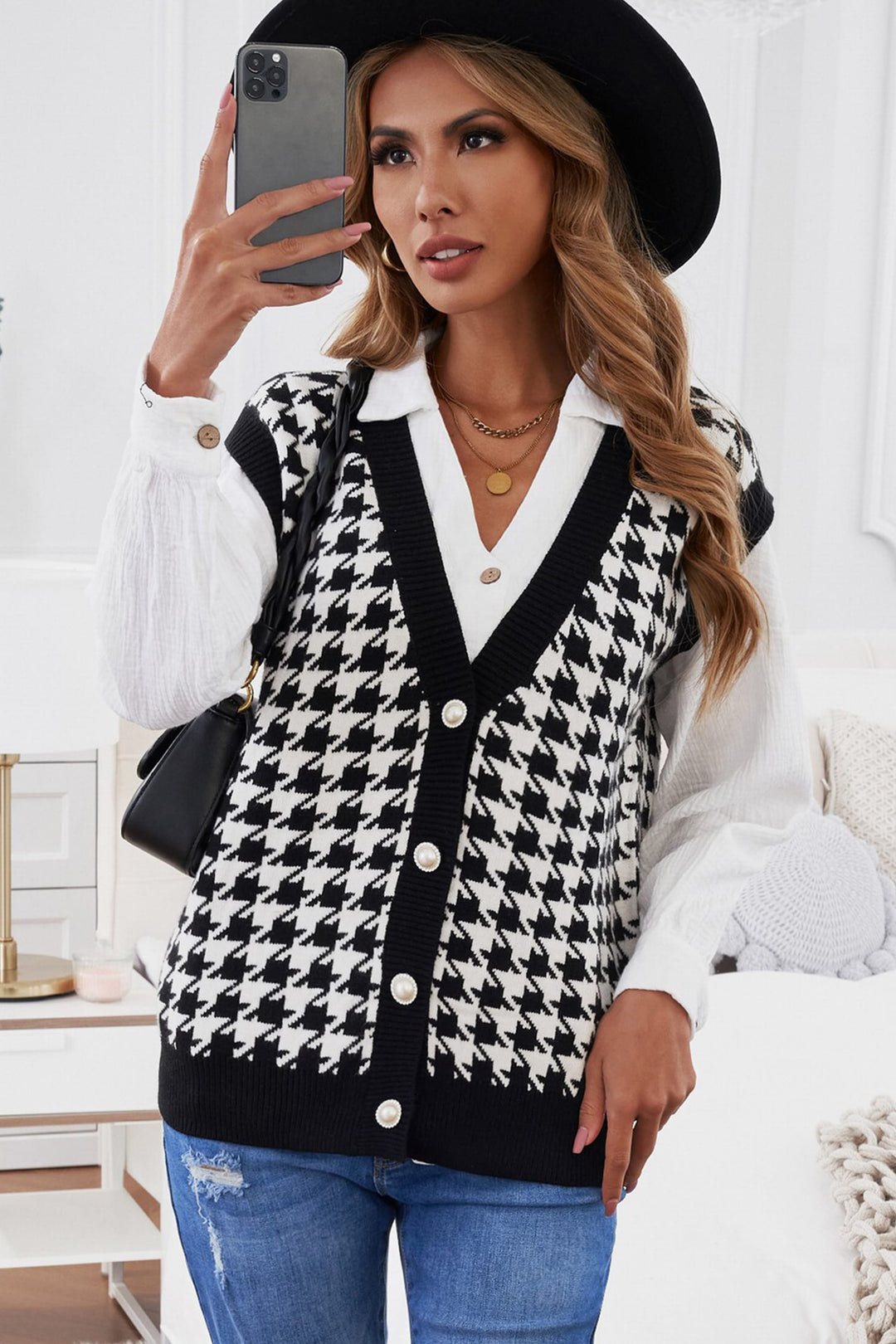 Cute Fall Houndstooth Vest Cardigan