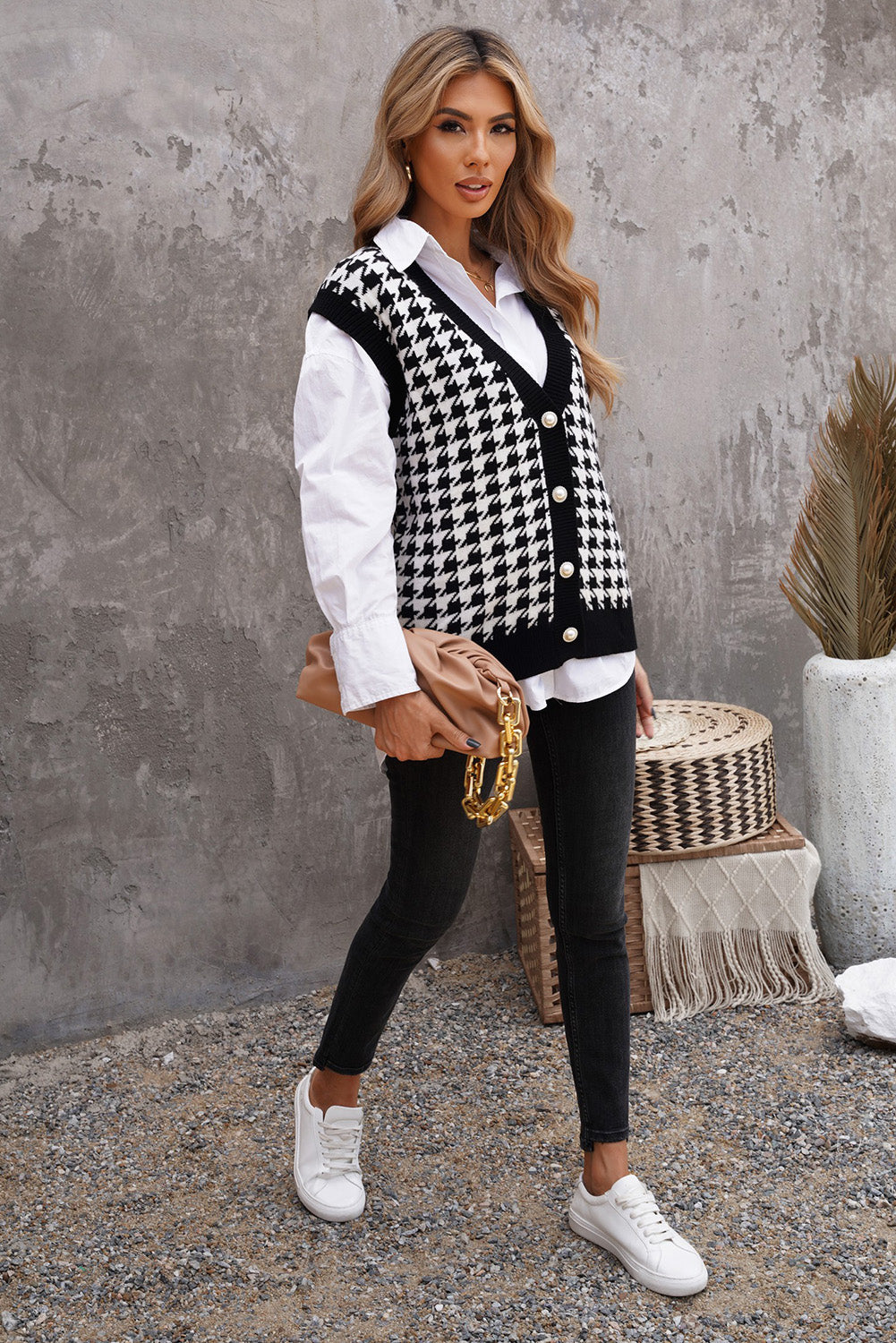 Cute Fall Houndstooth Vest Cardigan