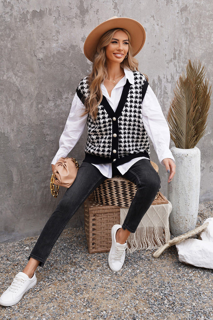 Cute Fall Houndstooth Vest Cardigan