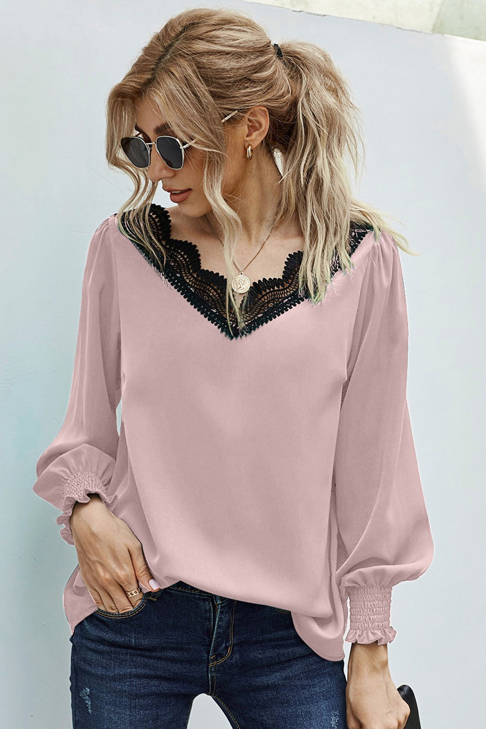Cute Long Sleeve V Neck Lace Patchwork Pink Blouse