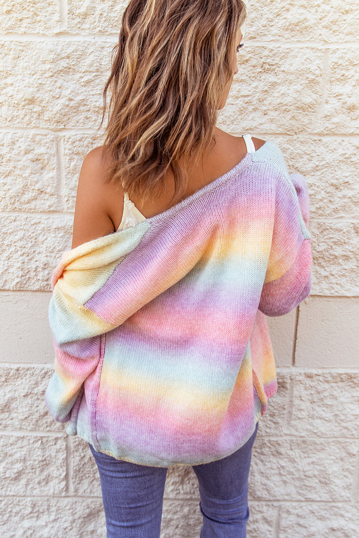 Cute Multicolor Ombre Tie-dye Drop Shoulder Wool Cardigan