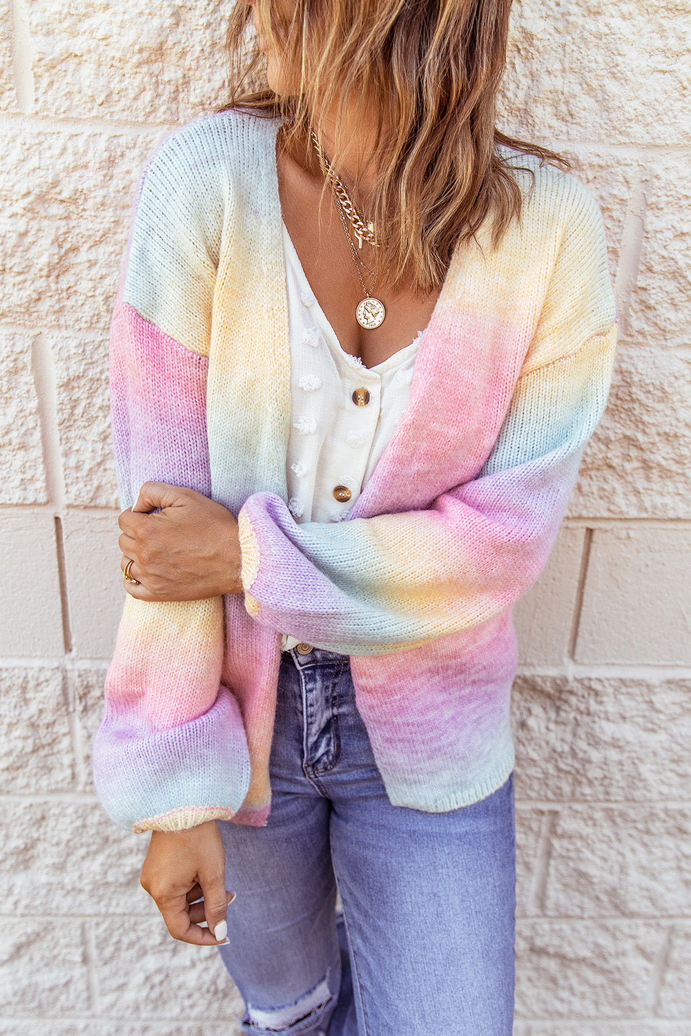 Cute Multicolor Ombre Tie-dye Drop Shoulder Wool Cardigan