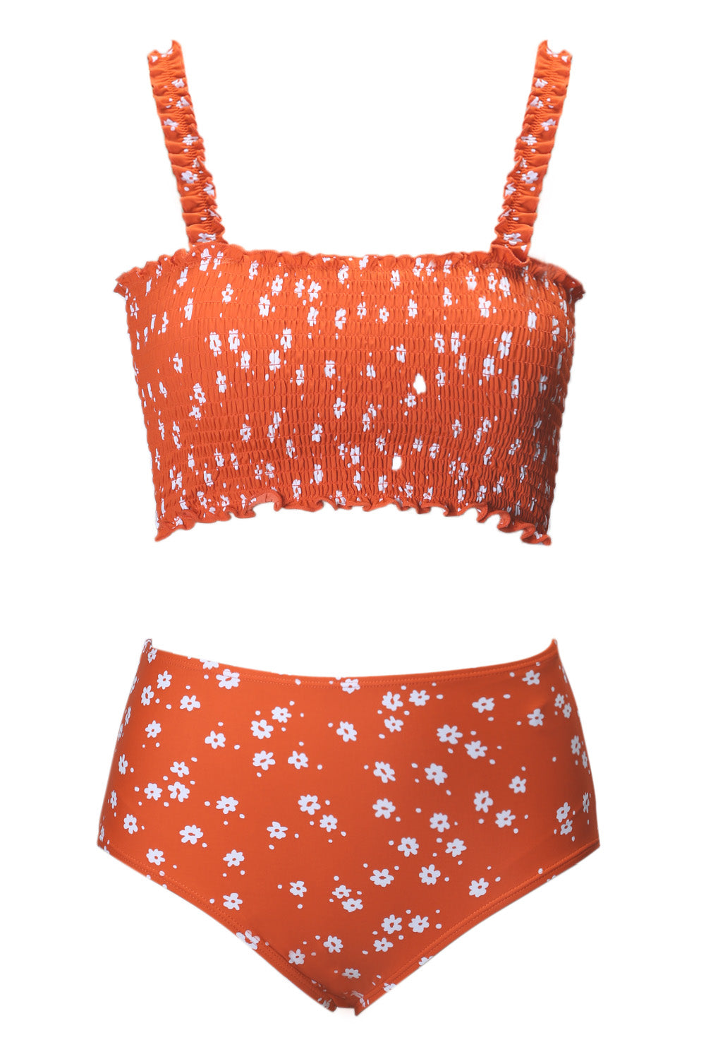 Cute Orange Flower Smocked High Waist Swimsuit