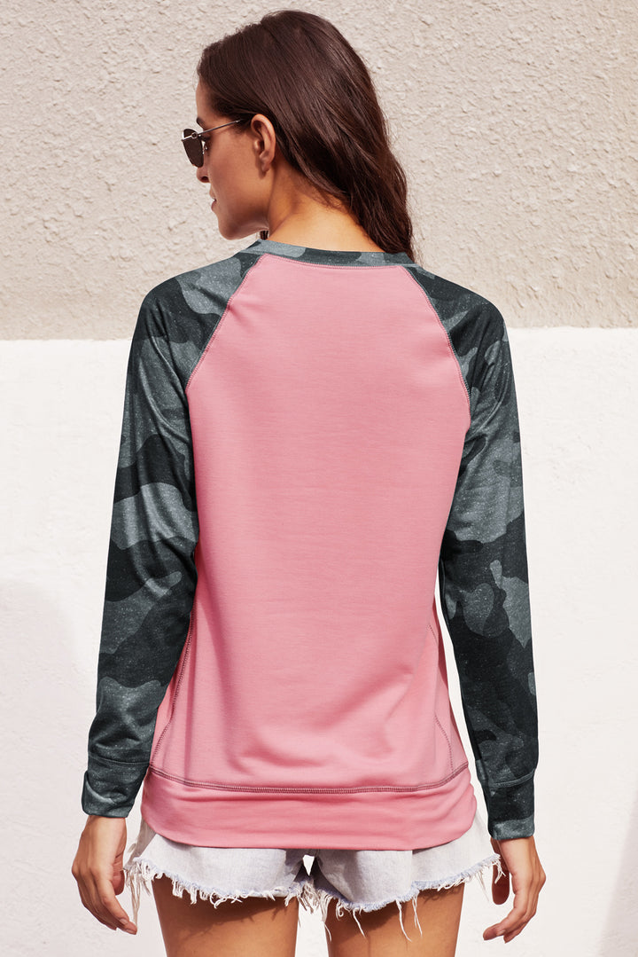 Cute Pink Crewneck Camo Print Long Sleeve Sweatshirt