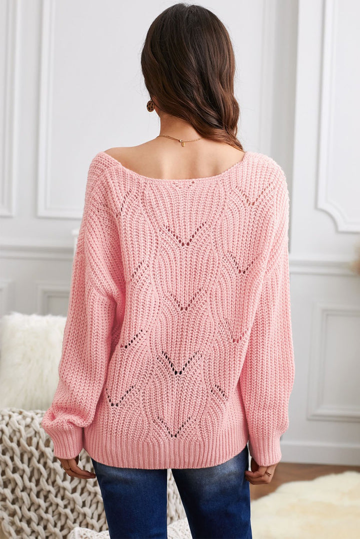 Cute Pink Hollow-out Round Neck Knitted Sweater