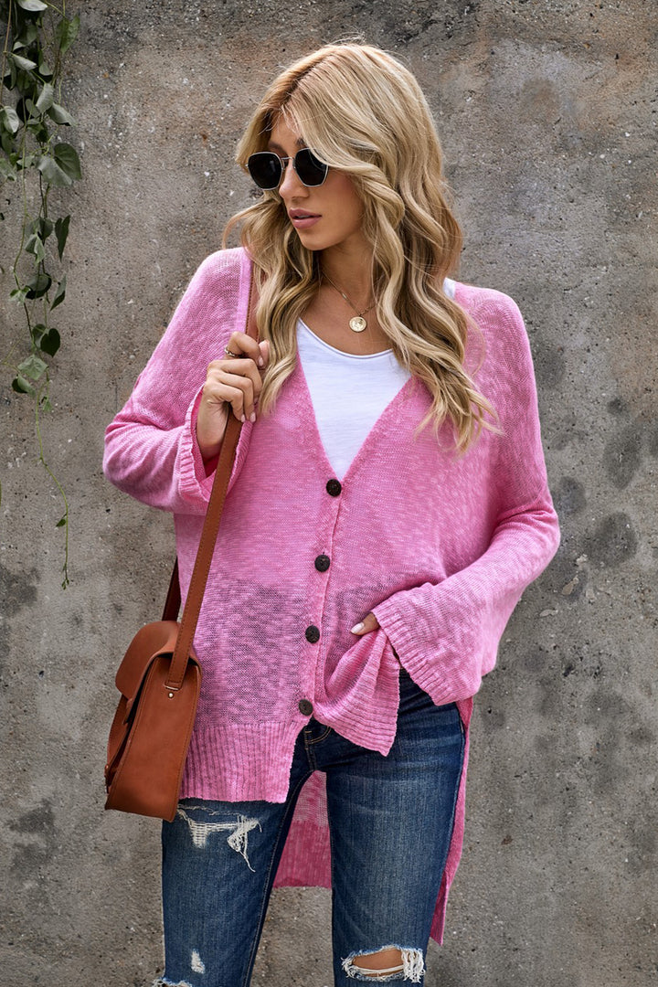 Cute Pink Loose Lightweight V Neck Buttoned Sheer Knit Cardigan